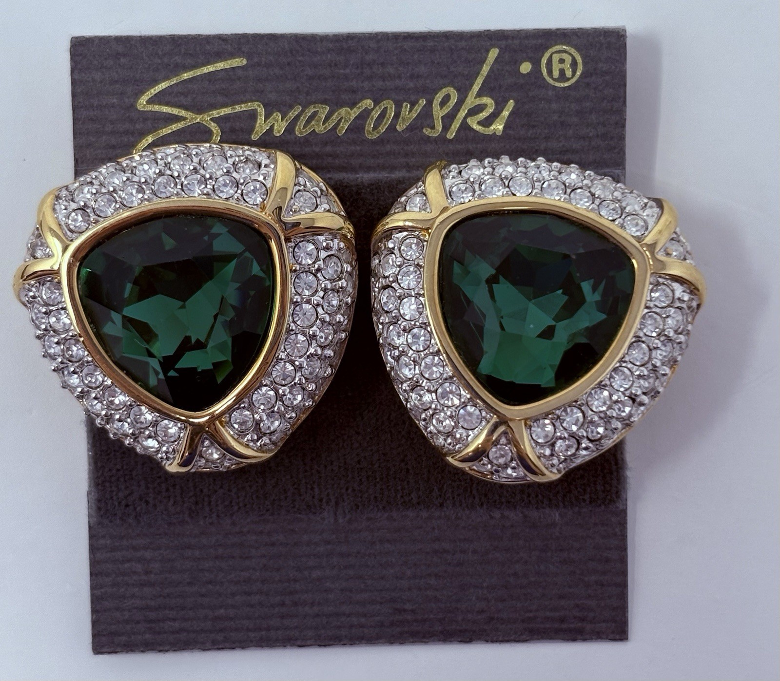 Vintage Swarovski SAL Emerald Green Crystal Pavé Clip Earrings Signed on Card