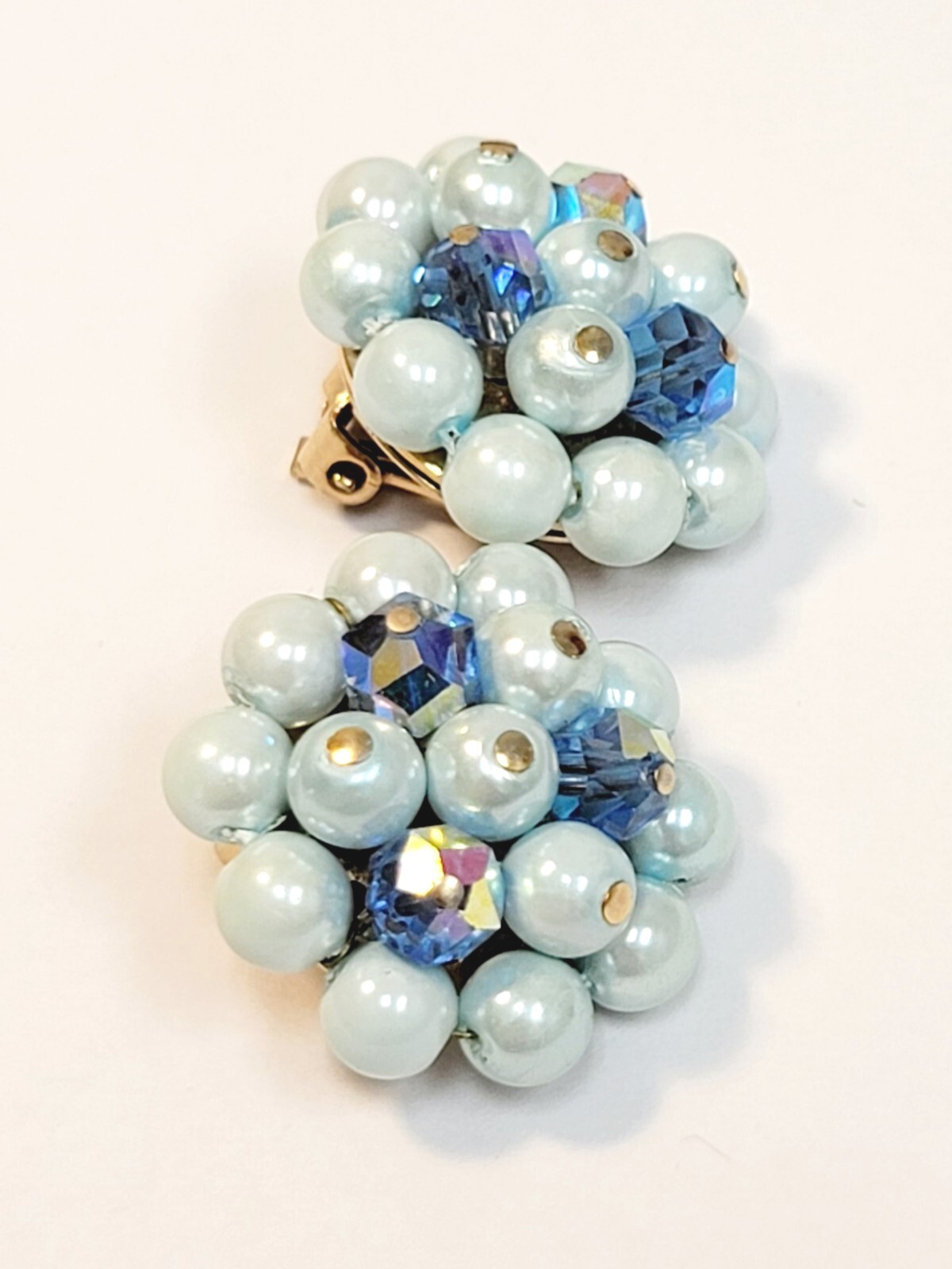 Vintage Signed Laguna Blue Faux Pearl AB Crystal Beads Cluster Earrings