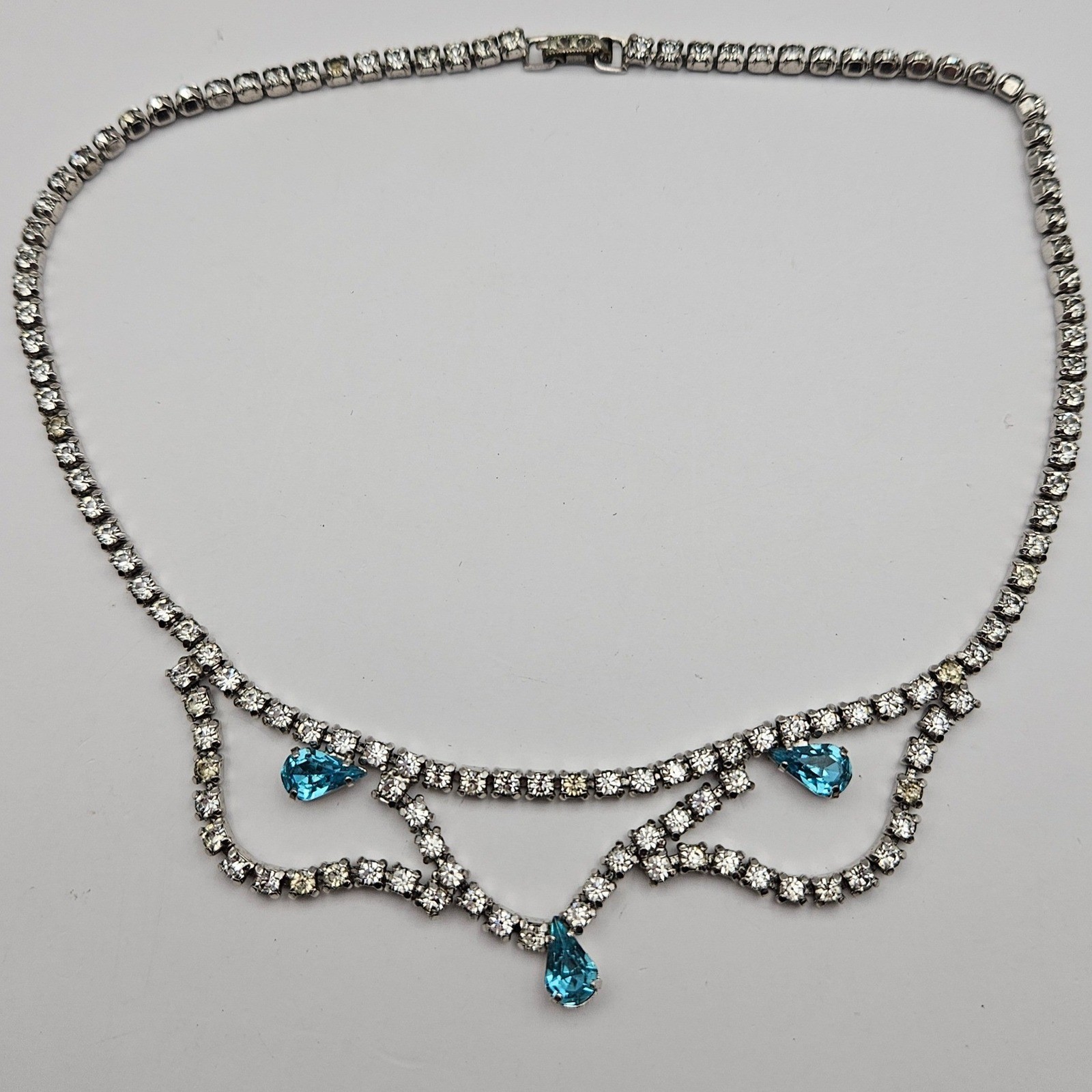 Vintage Silver Tone Blue Teardrop Rhinestone Bib Necklace 15 Inch Mid Century