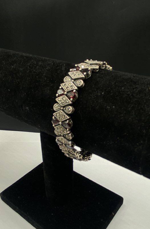 925 Sterling Silver Garnet Marcasite Bracelet Art Deco Style Vintage 7.25″ 32g