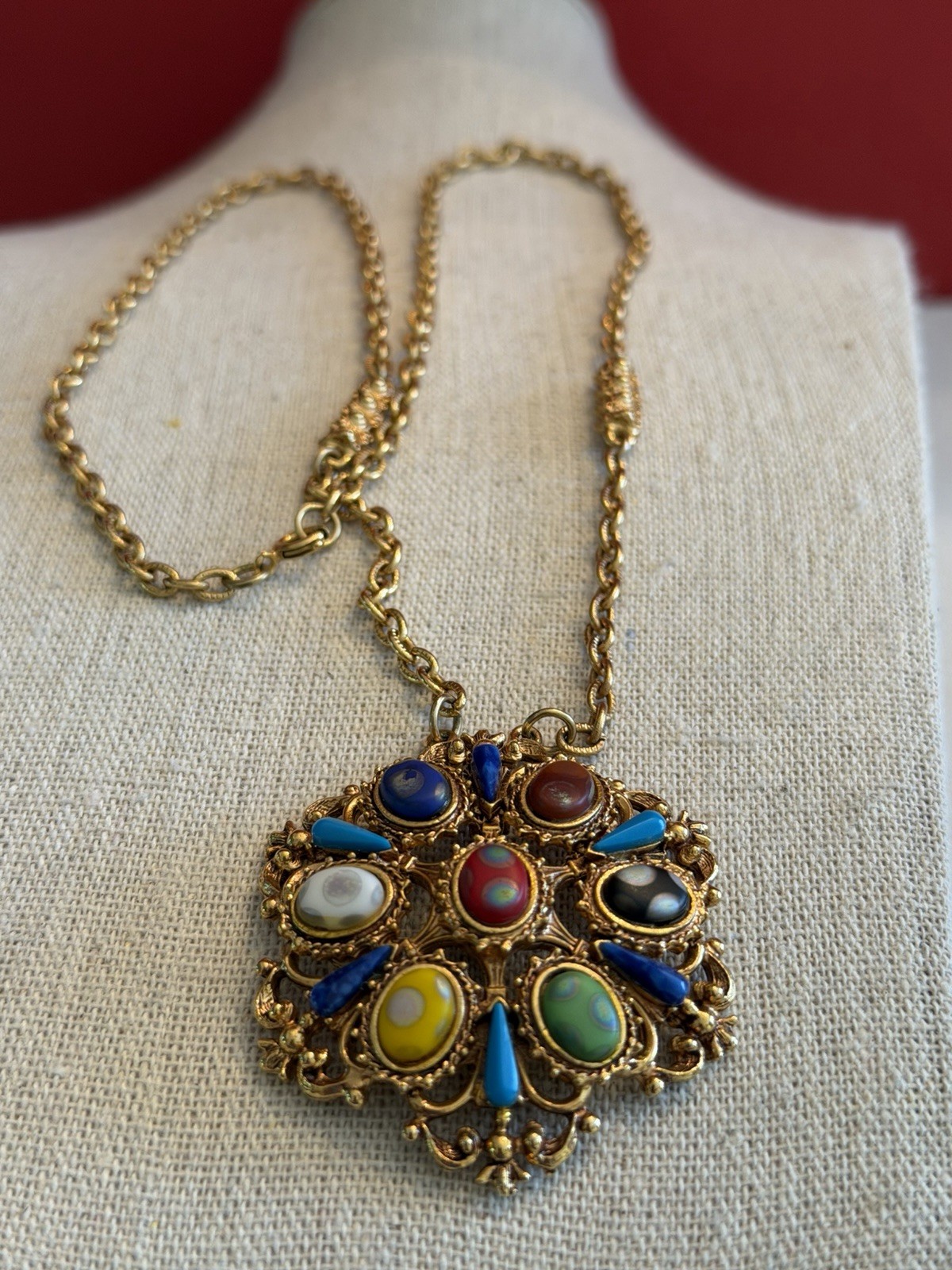 Vtg. Florenza Ornate Gold Tone Multi Color Cabochon Pendant Necklace 24” BinR
