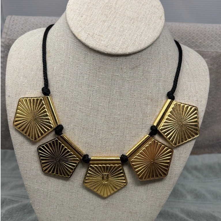 Vintage Yves Saint Laurent YSL Red Gold Pentagonal Statement Cord Necklace