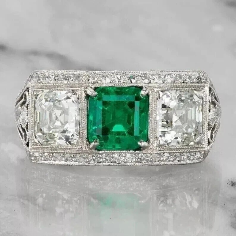 Vintage Art Deco Style Filigree 4.5Ct Lab Created Emerald 14K White Gold FN Ring