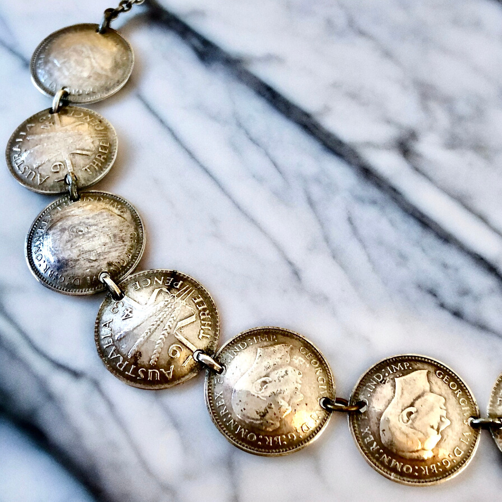 Silver Coins from Australia Necklace Three Pence 1943 Choker 15″