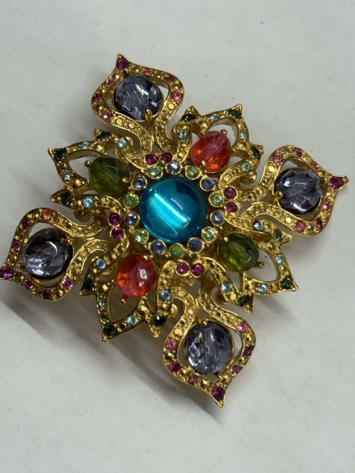 Joan Rivers Gold Tone Jeweled Cabochon Maltese Cross Statement Brooch Pin