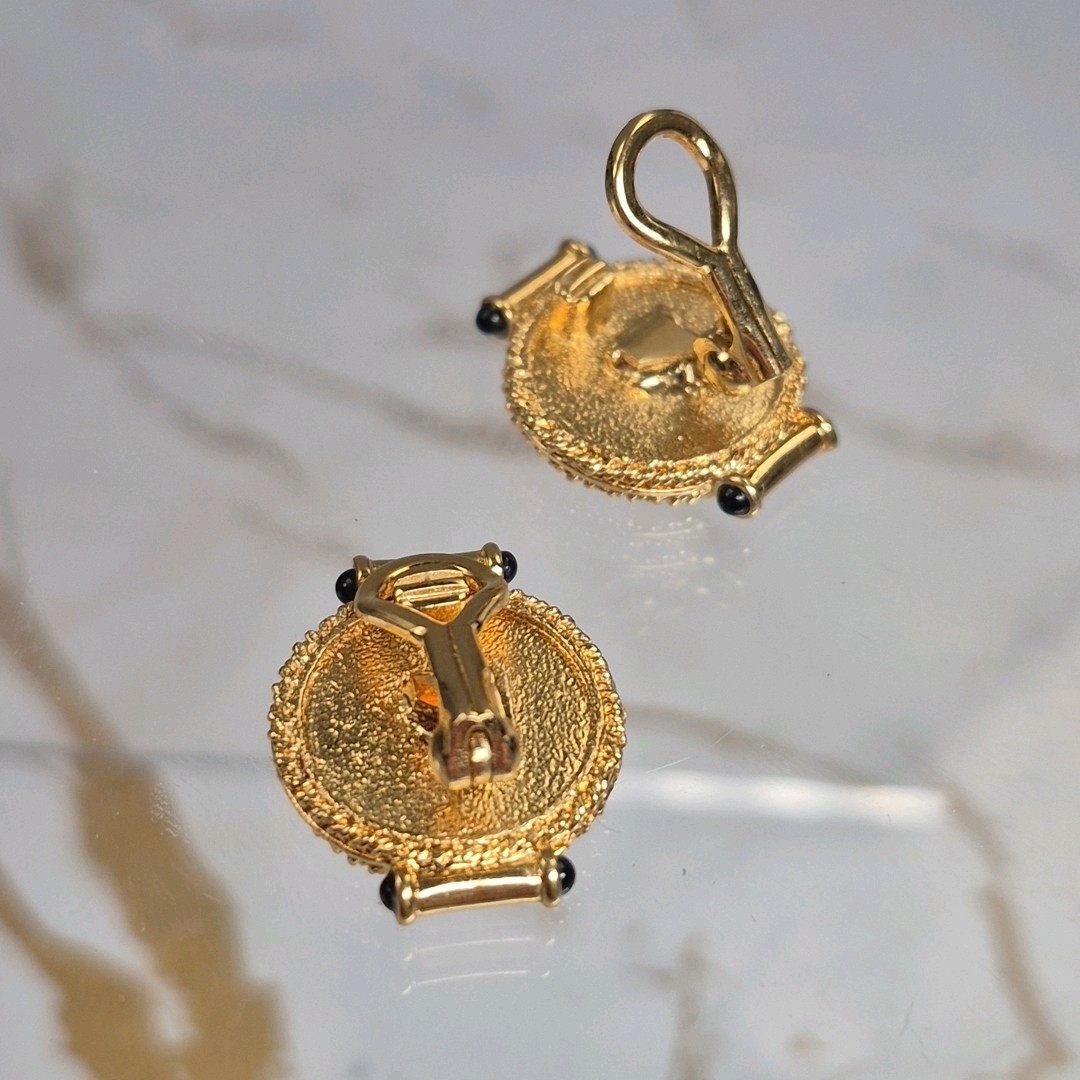 Amazing Unsigned Yellow Gold Plated Faux Coin Black Glass Clip On Earrings