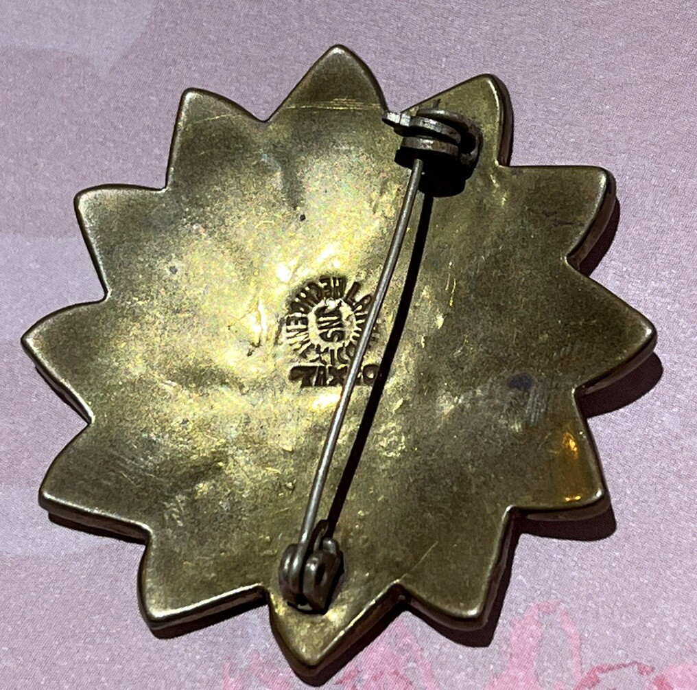Vintage Brass JNS Taxco Mexico Sterling Silver Abalone Flower Brooch Pin Pendant