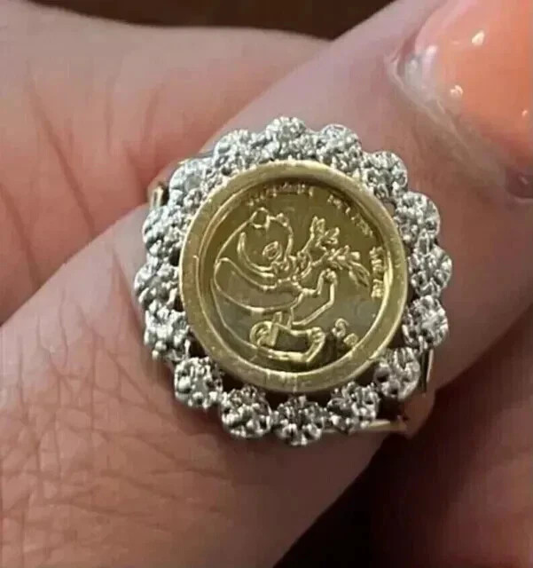 Womens Panda Bear Coin Ring 14K Yellow Gold Plated 2Ct Round MOISSANITE