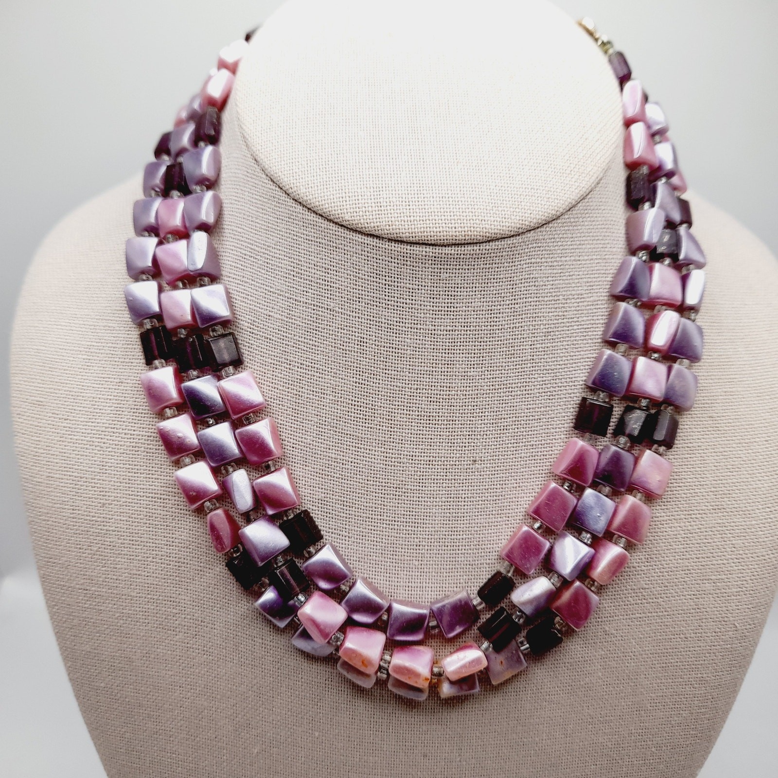 Vintage Japan 1950s Pink Lavender Pearl Finish 3 Strand Necklace 17”