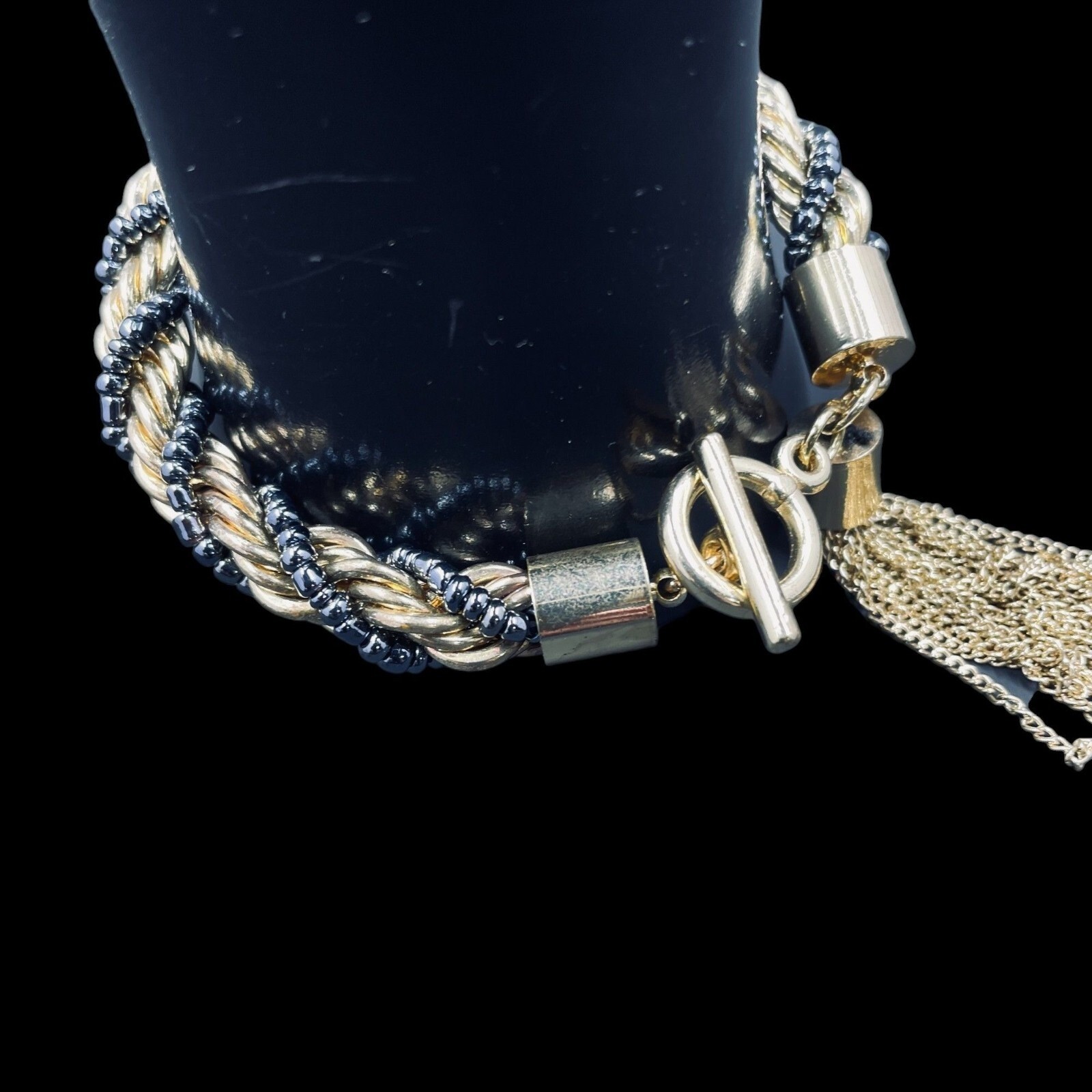 Vintage Boho Gold Tone Beaded Rope Bracelet Toggle Clasp Tassel Trendy Statement