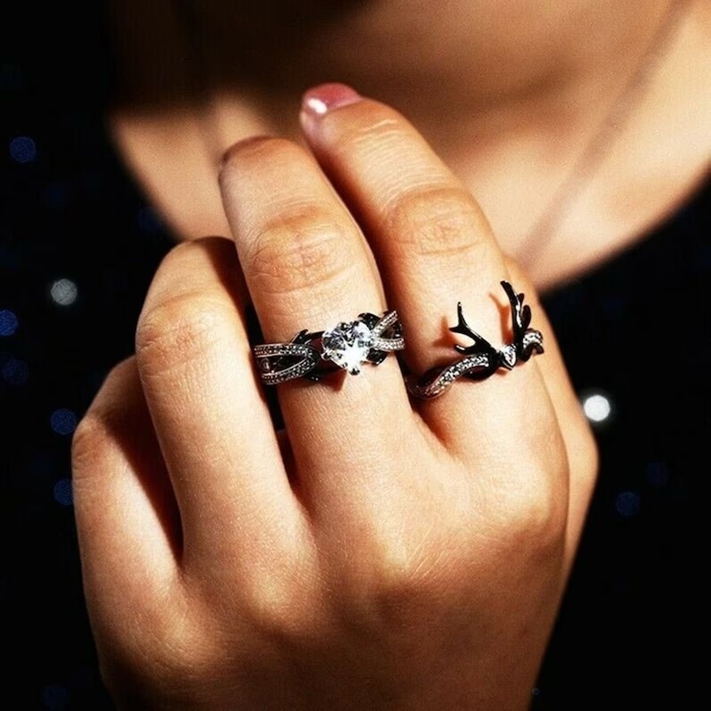 Beautiful Deer Antler Wedding Ring Set or Women With Heart Cut Moissanite Silver