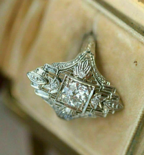 Vintage Art Deco Style Lab Created Diamond Filigree 14K White Gold Finish Ring