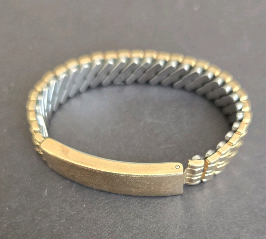 Vintage Flex-Let Goldtone Metal Stretch ID Bracelet