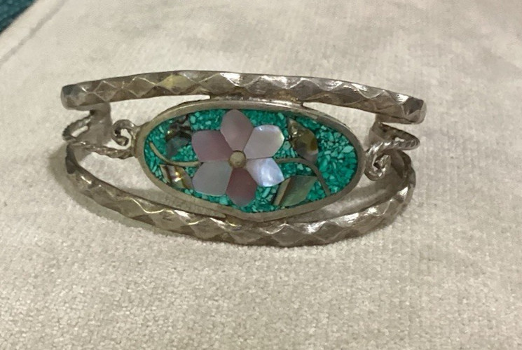 Vintage Alpaca Child’s Bracelet with Mother of Pearl & Abalone Inlay Mexico