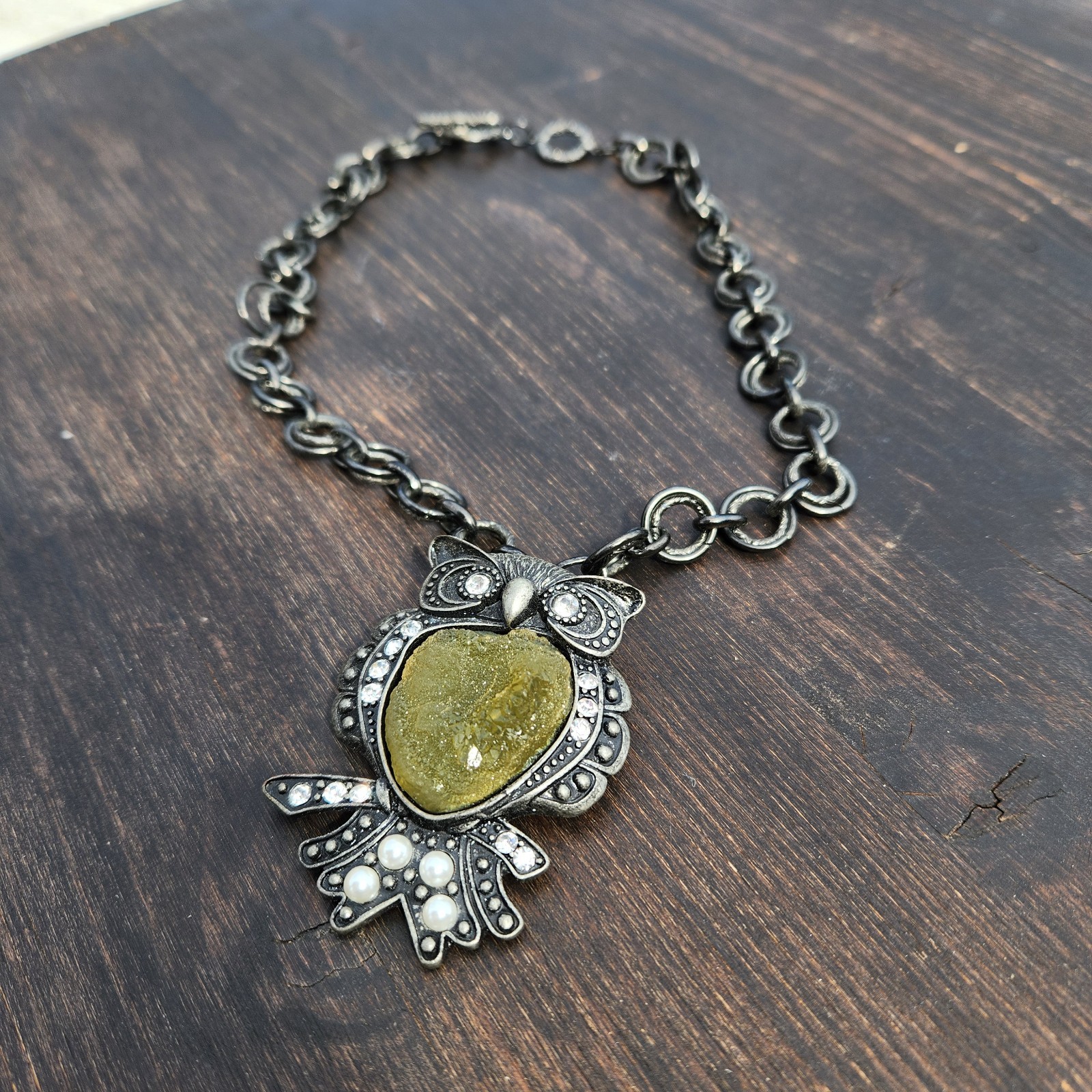 Vintage Semi Precious Uncut Citrine Semi Stone Pearl Gemstone Goth Owl Necklace