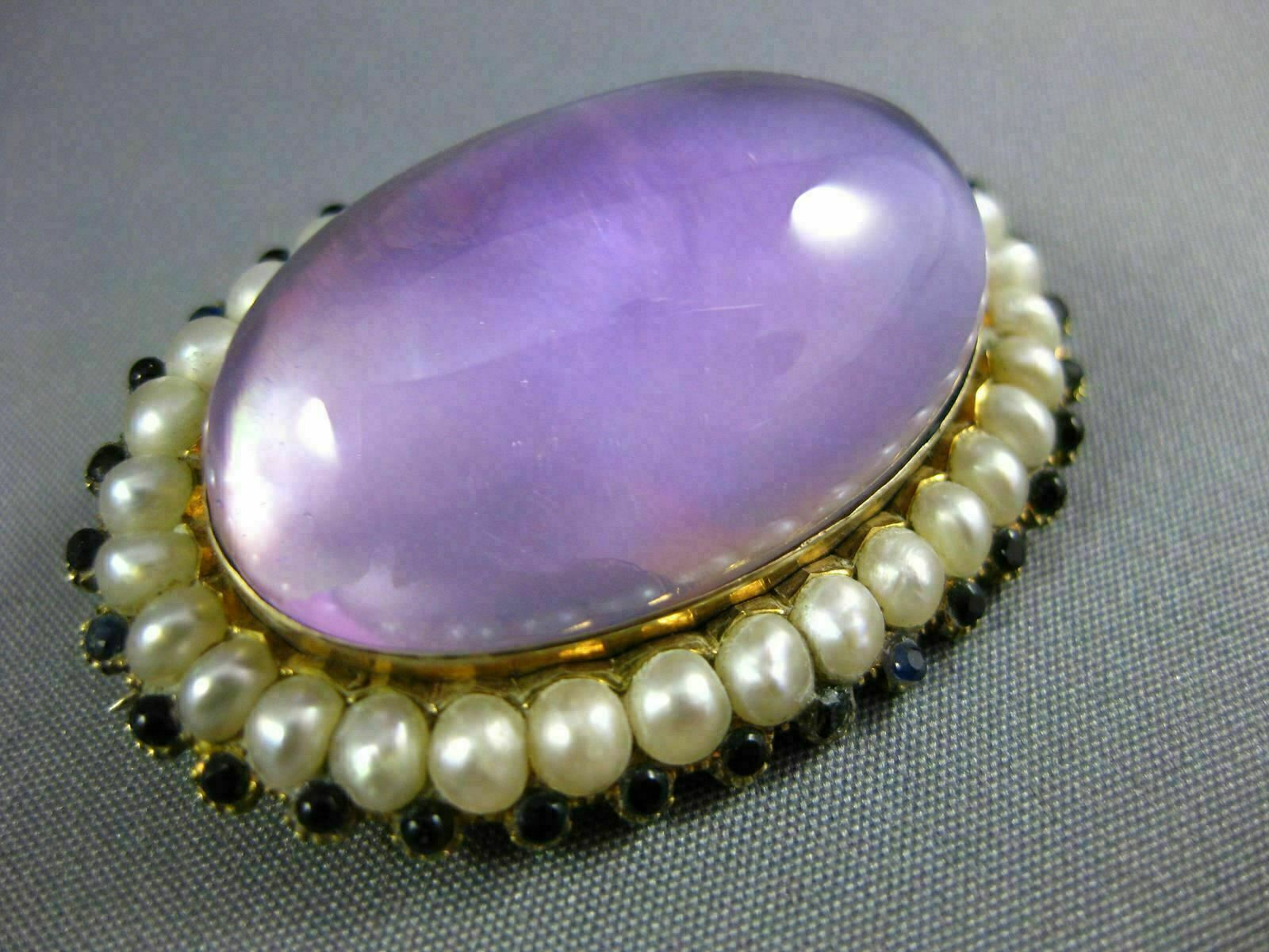 ANTIQUE EXTRA LARGE AAA AMETHYST SAPPHIRE & PEARL 14K YELLOW GOLD PENDANT BROOCH