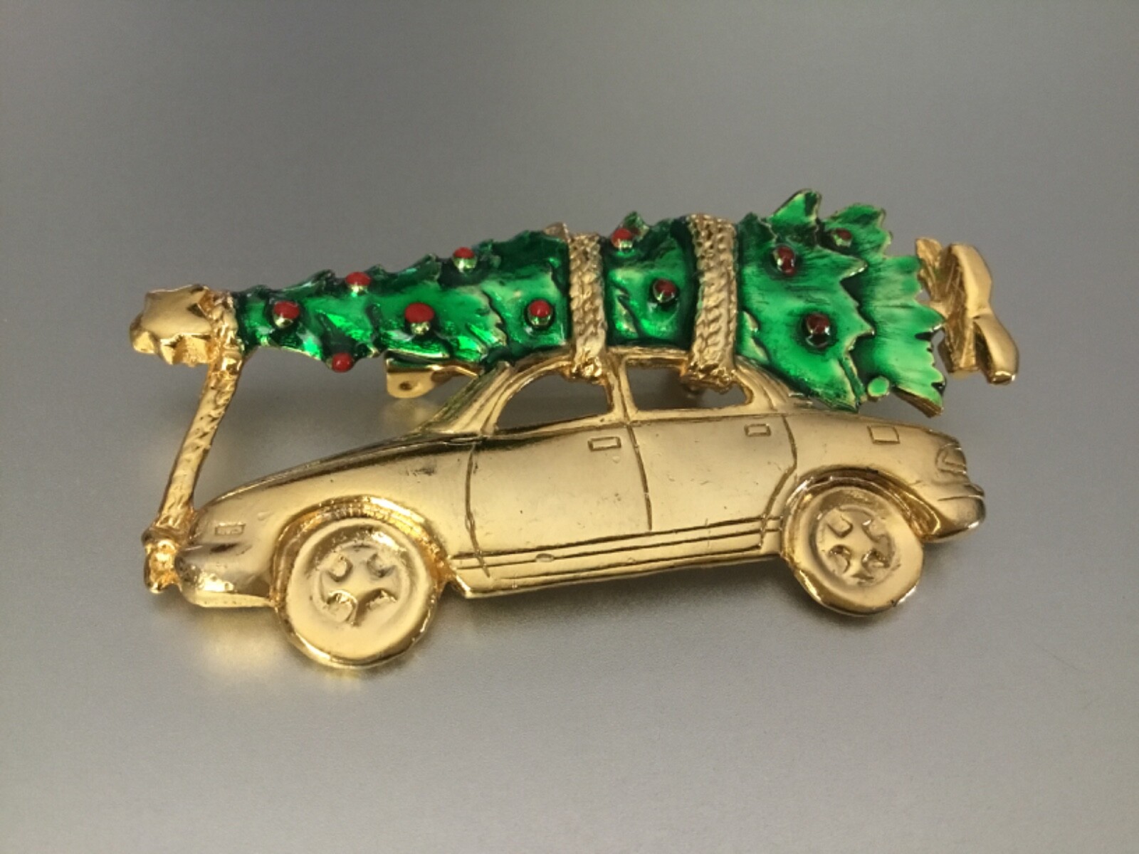 AJC Christmas Brooch Bringing Home the Tree with Car Gold Tone and Enamel