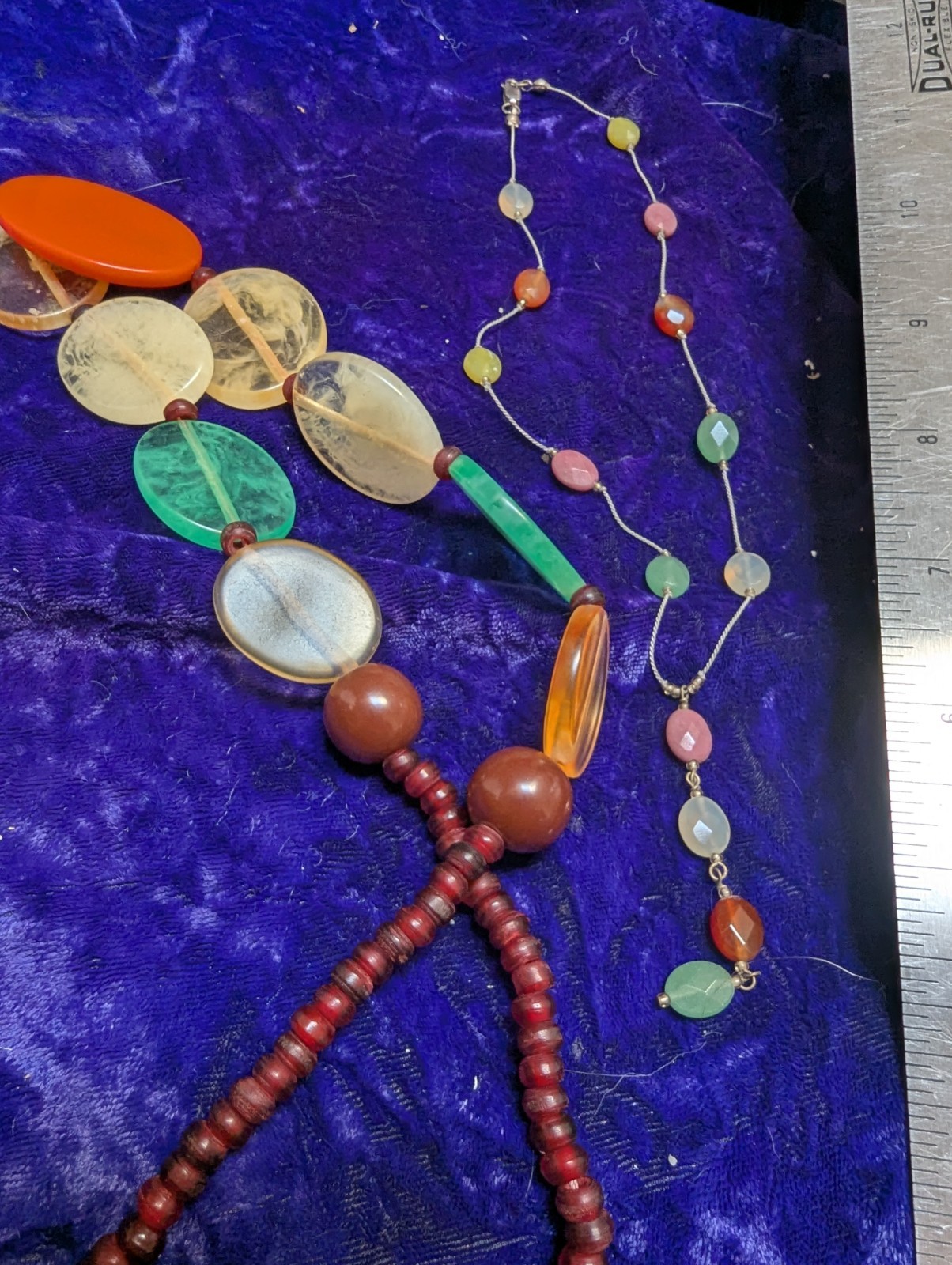 Sterling Silver With Small Faceted Stones And A Vtg Acrylic Oval Beads Necklace