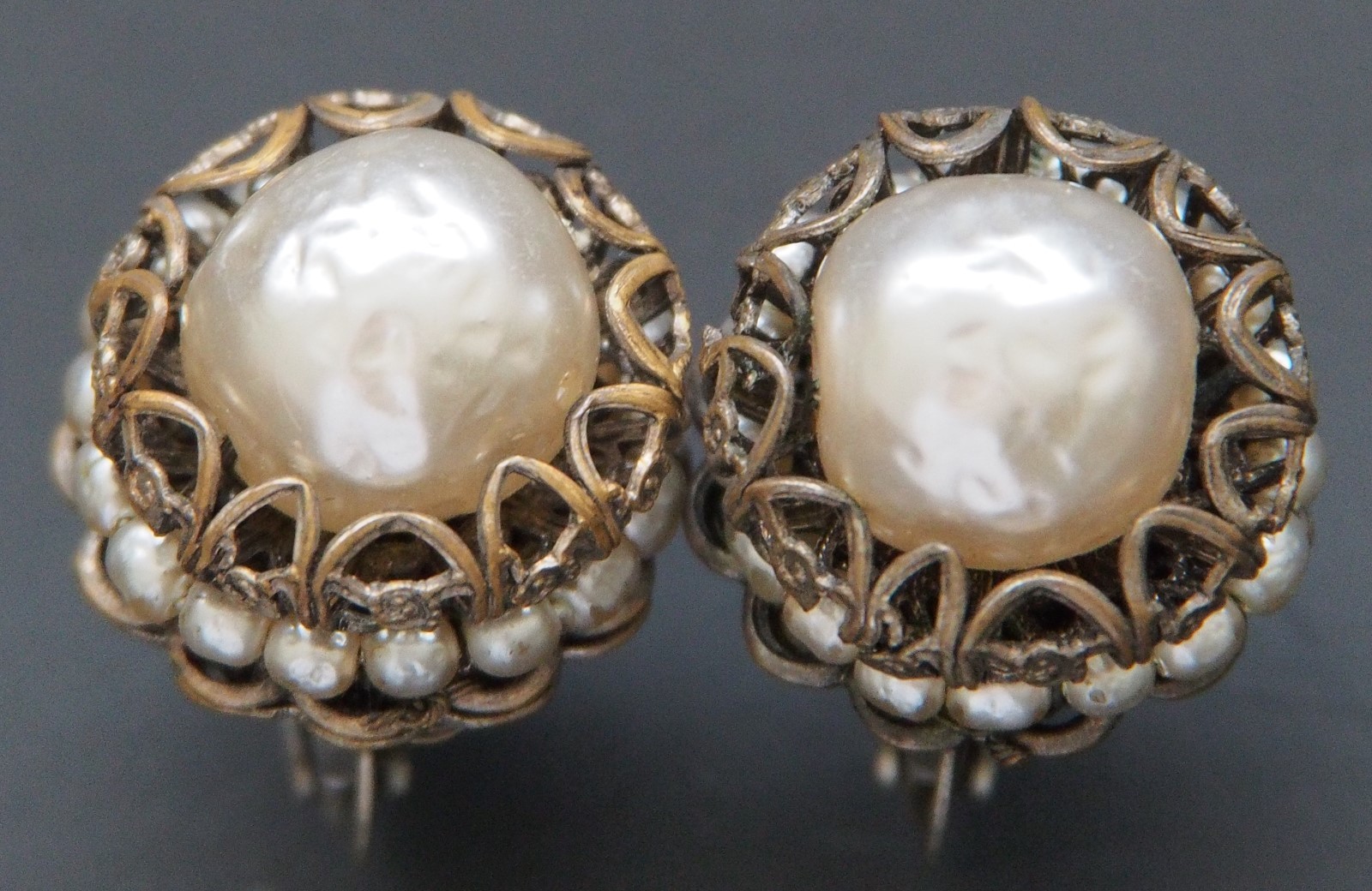 MIRIAM HASKELL Vintage Earrings Baroque Pearls Screw Back Signed