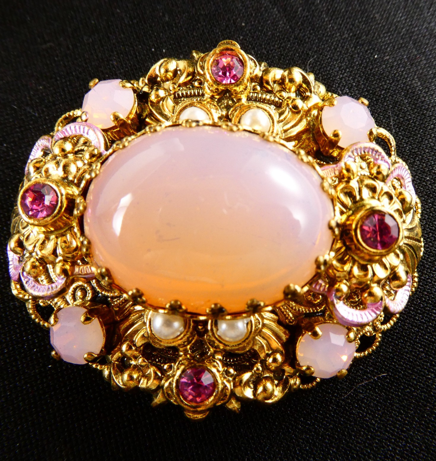 Vintage West Germany Opaline Pink Glass & Rhinestone Filigree Pin Brooch Oval