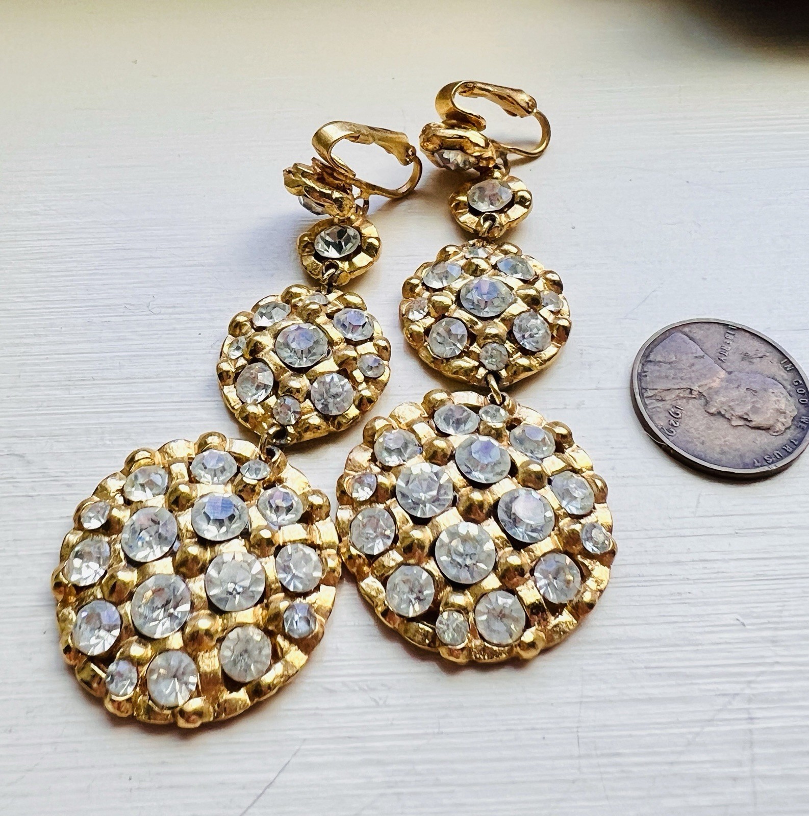 Kramer Gold Tone Rhinestone Drop Clip Earrings Vintage Signed Kramer Statement