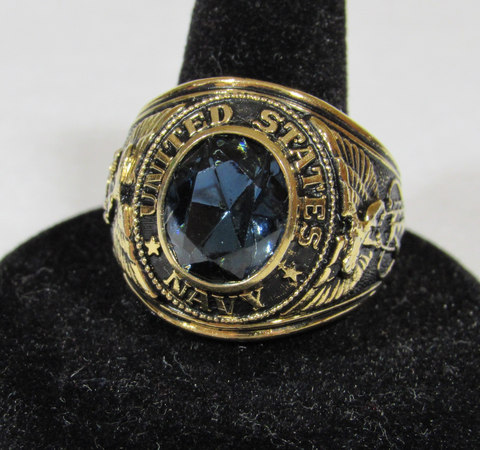 Vintage US Navy Blue Stone Men’s Ring Eagle Anchor 18K Gold Electroplate Size 12