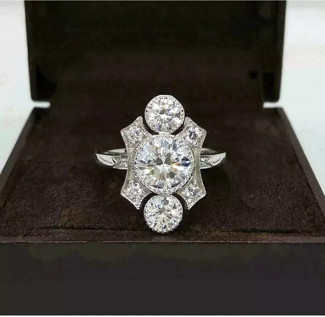 Art Deco Style Round Lab Created Diamond Three-Stone 14K White Gold FN Gift Ring