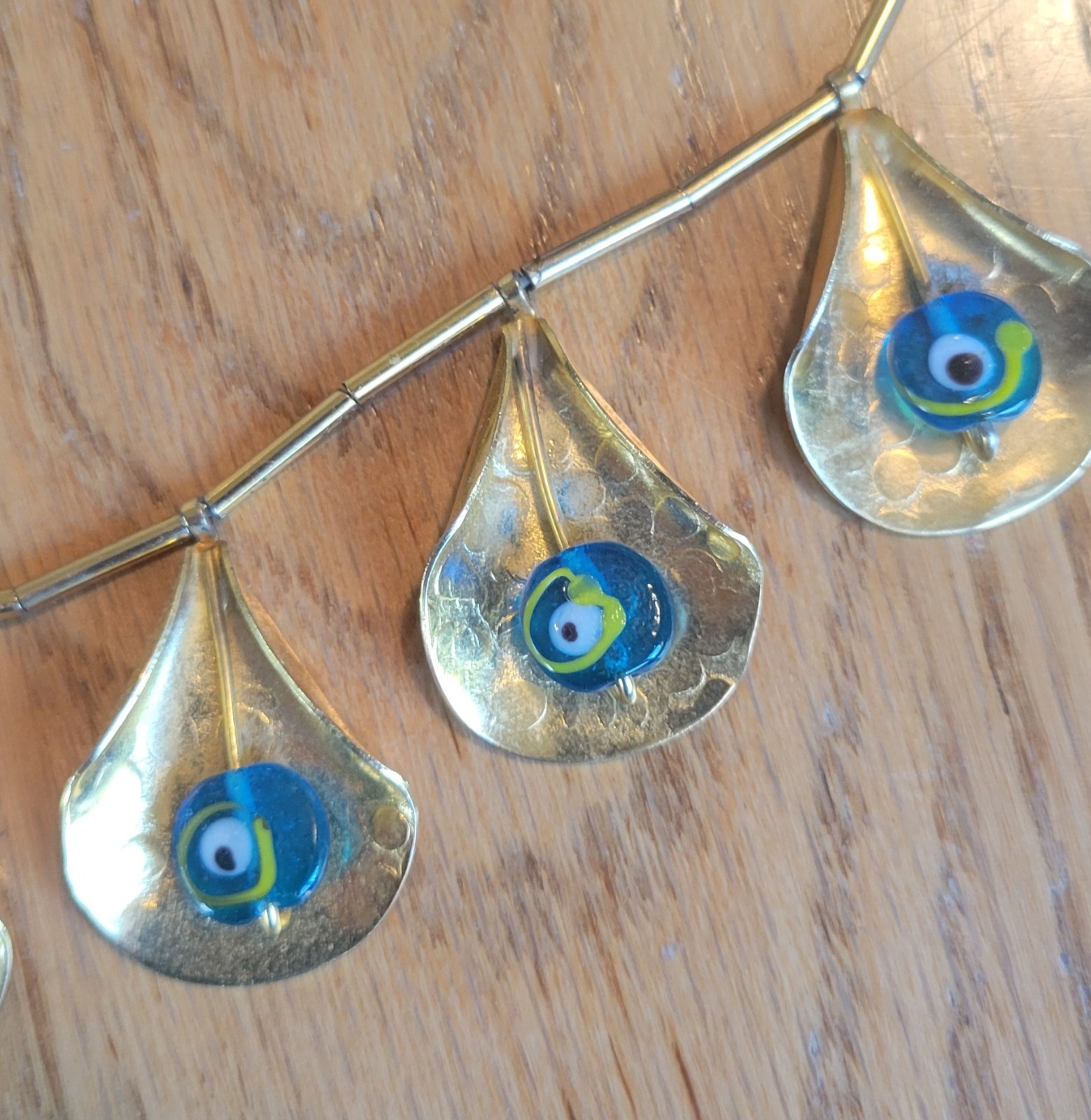 Vintage Necklace Leaf Shaped Pendants with Peacock / Evil Eye Bead