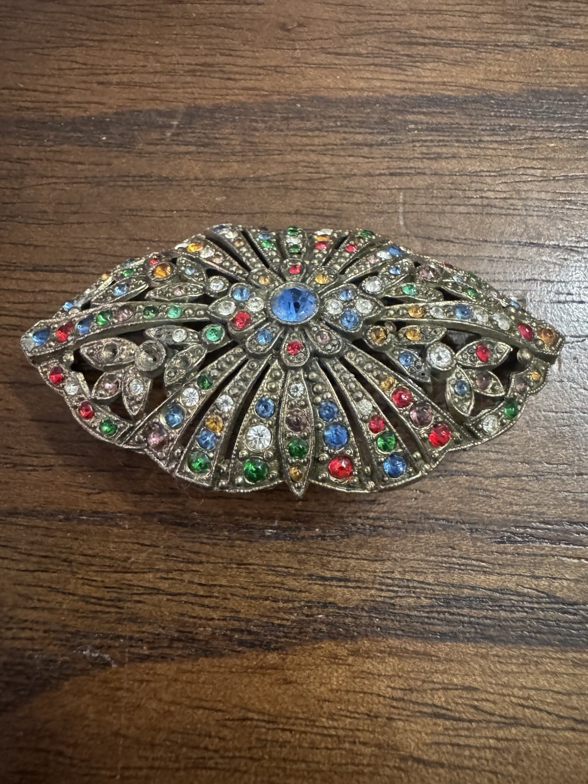 Vintage 1930’s Little Nemo Art Deco Style Brooch w Multi Color Glass Rhinestones