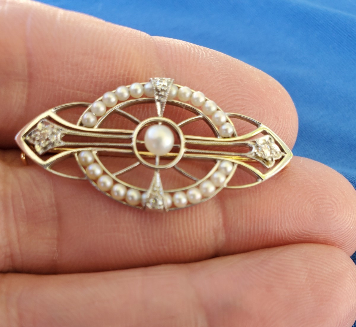Original EARTH MINED DIAMOND Deco Brooch Gatsby era Vintage Pearl SOLID 14K GOLD