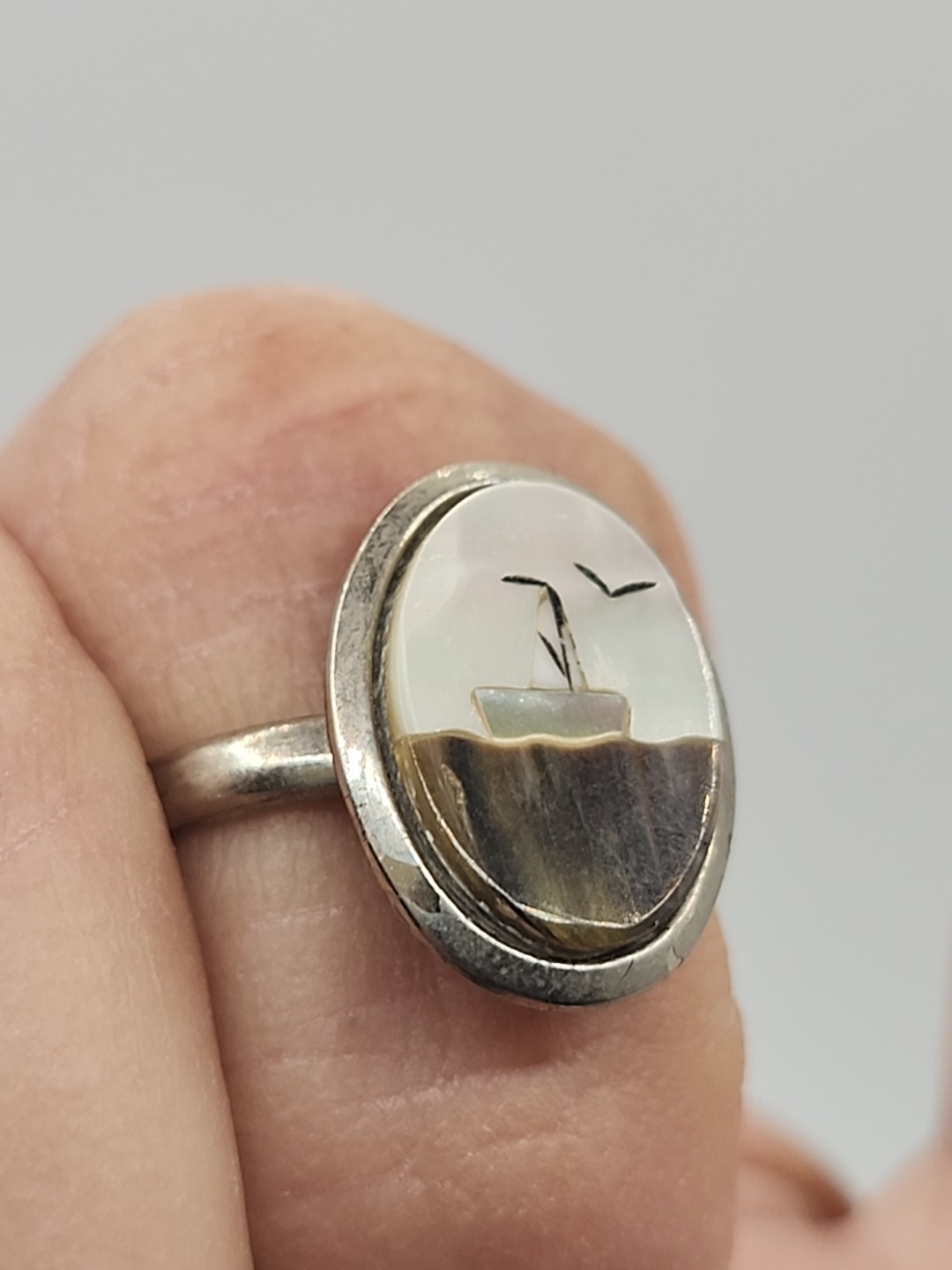 Stainless Steel Ring Inlaid Sail Boat Water Birds Vintage Mother of Pearl