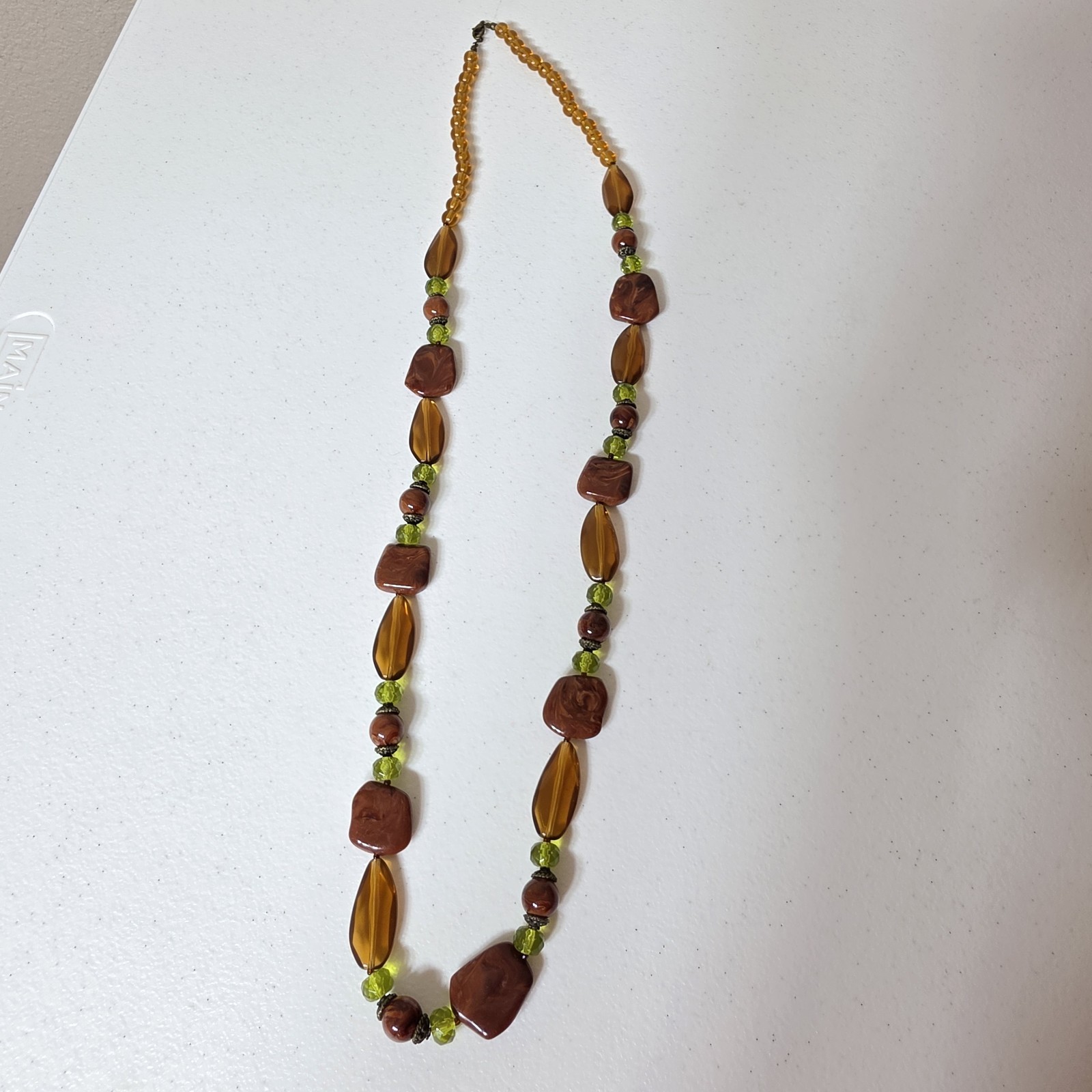 Vintage Earthy Brown Swirl Forest Green Bead Opera Length Necklace 35.5″