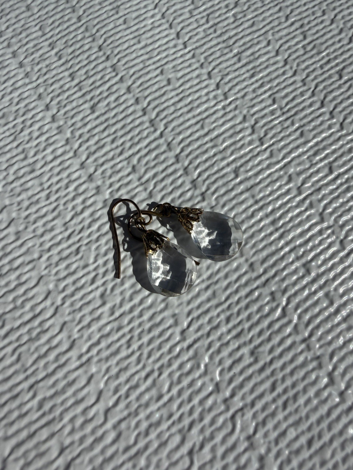 Vintage Faceted Crystal Teardrop Dangle Earrings Brass Tone French Hooks