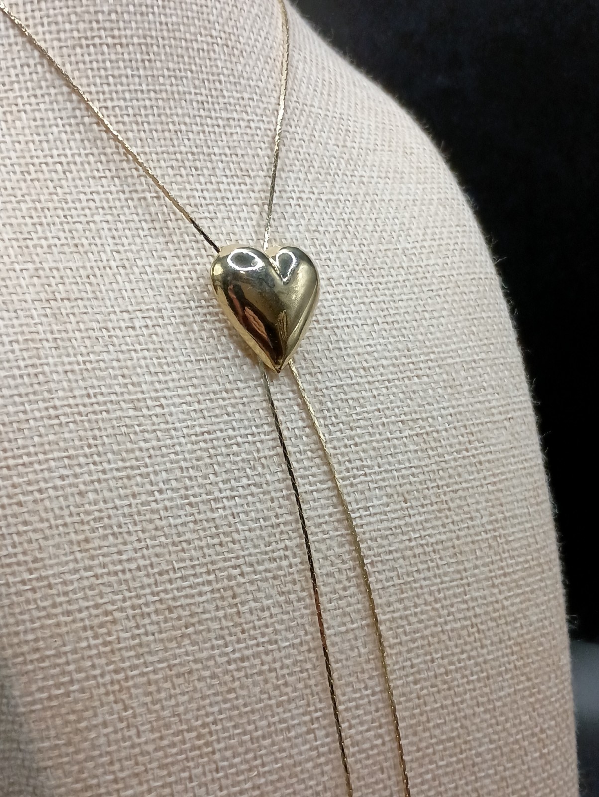 Vintage Heart Lariat Necklace Puffy Slide Pendant Gold Tone Bolo Tassel
