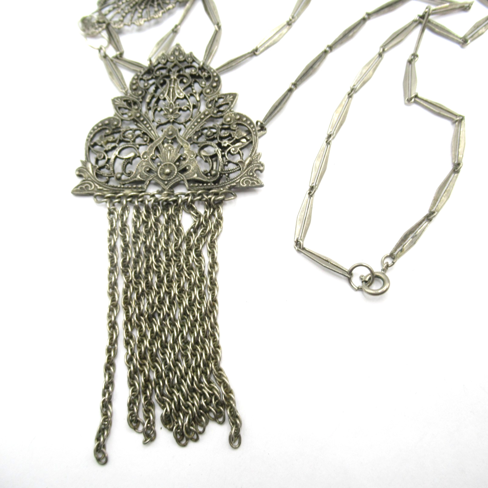 Dark Silver Tone Very Long Abstract Pendant Necklace Old w Fringe