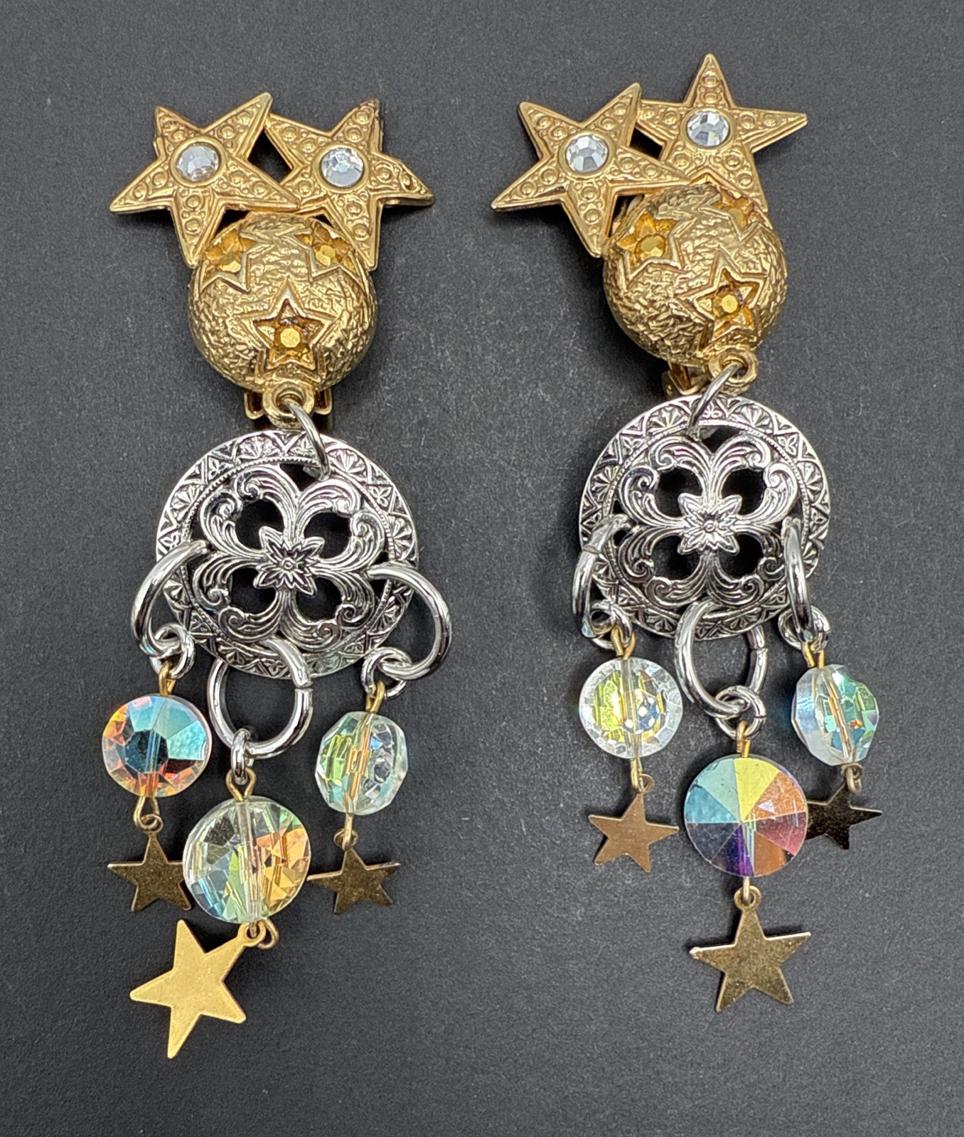 Kirks Folly Signed Silver Gold Tone Dangle Stars Moon Crystal Earrings C81
