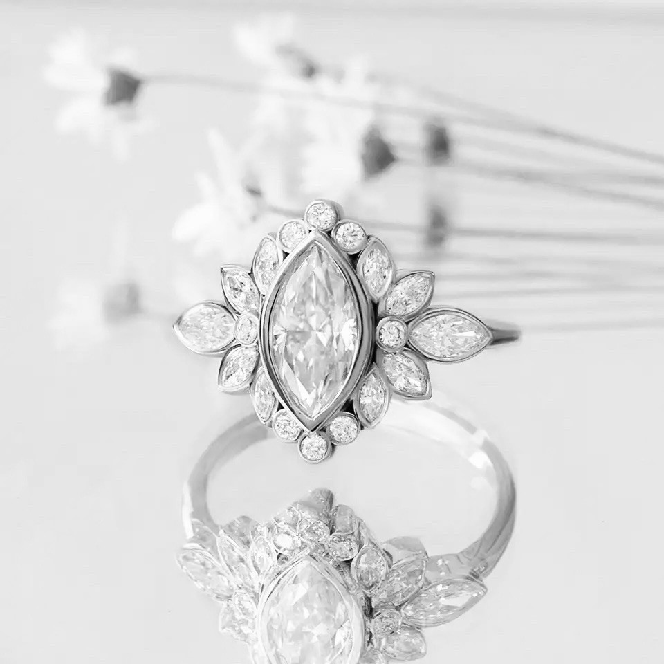 Floral Cluster Contemporary Style Bezel Set Marquise Moissanite Engagement Ring