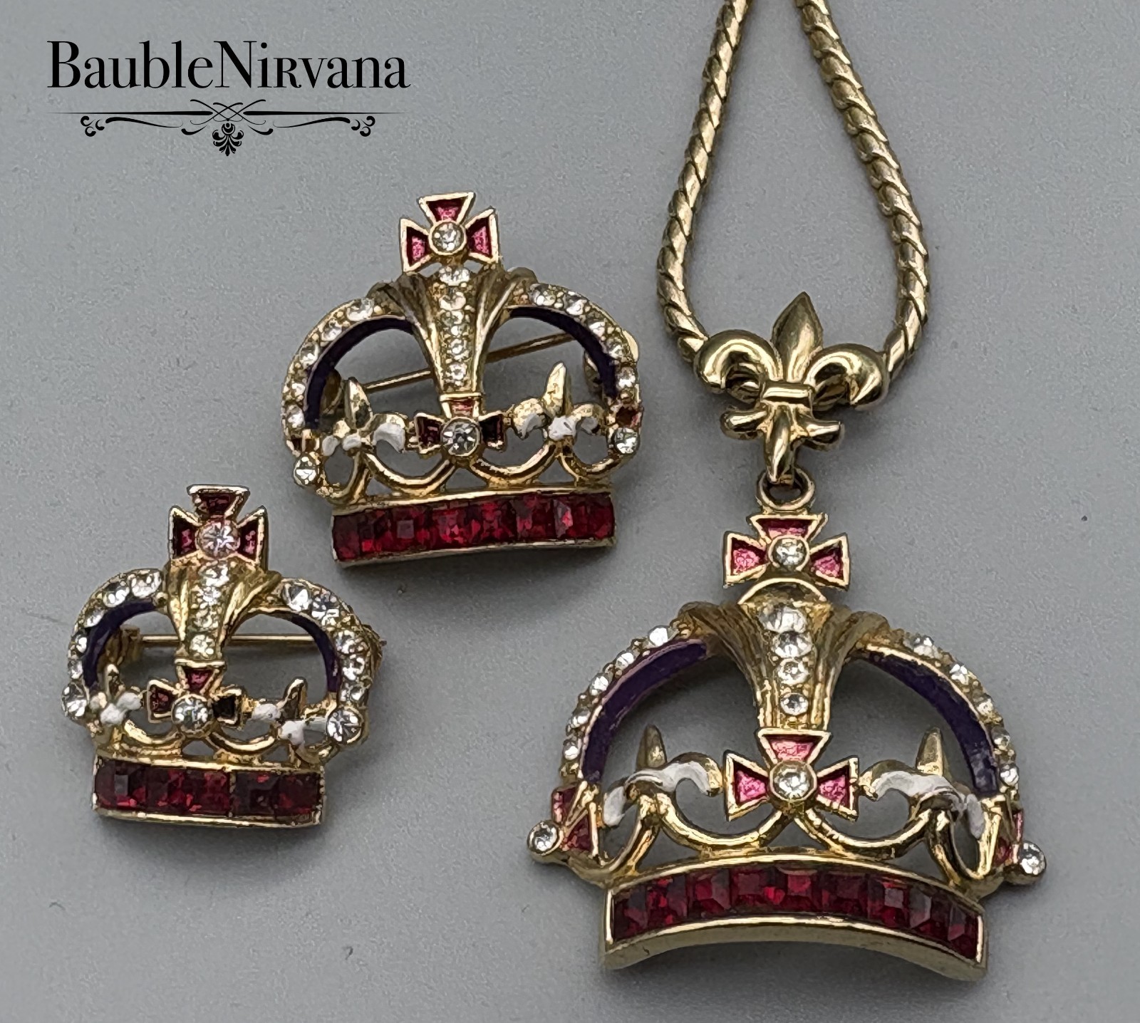 Vintage Kramer of NY Coronation Crown Pendant Necklace & Scatter Pins Enamel