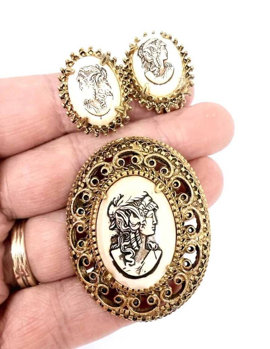 FLORENZA Ornate Cameo Brooch & Earrings Demi Signed Vintage Jewelry