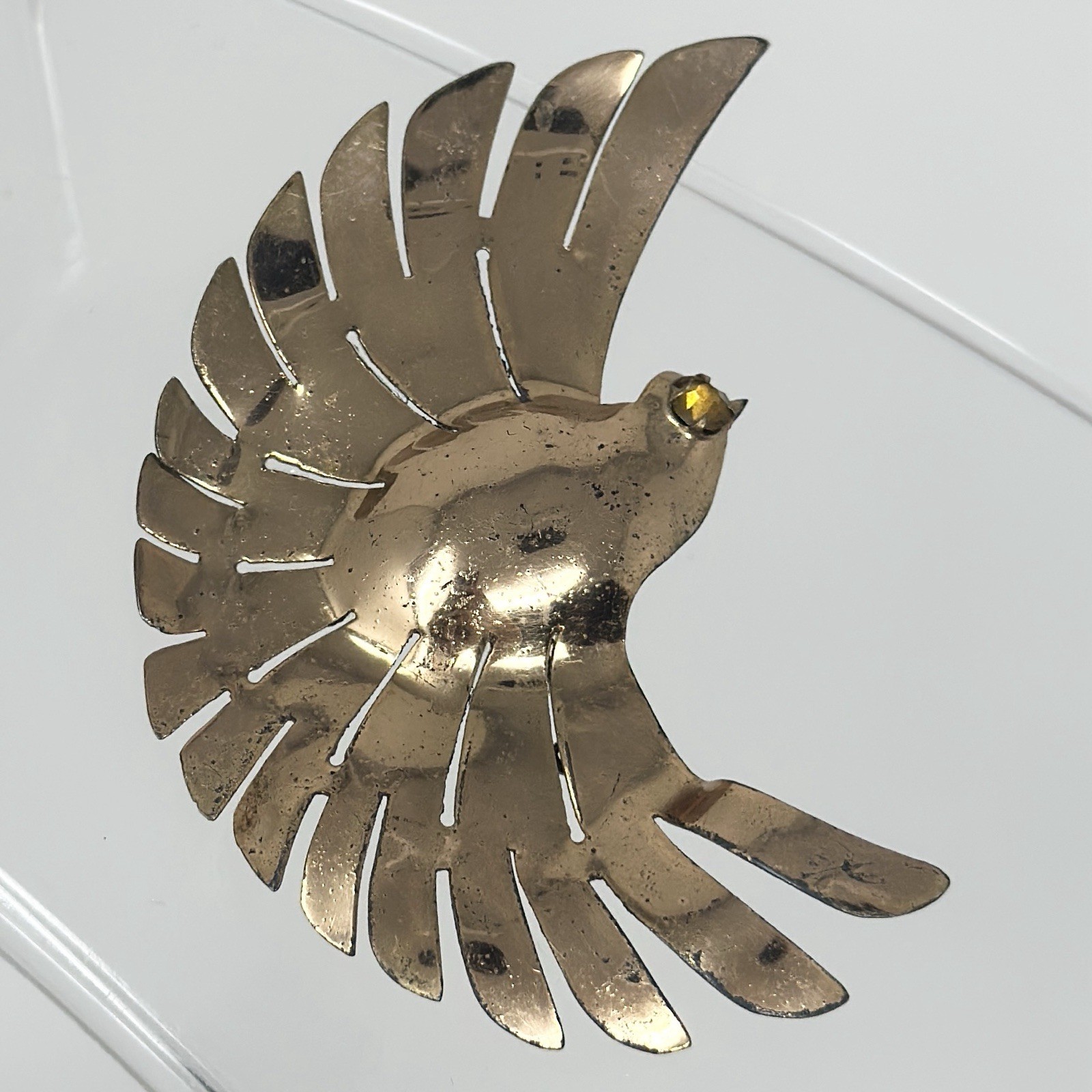 Vintage Rose Gold Vermeil Sterling Silver Flying Bird Yellow Eye Brooch Pin 3”