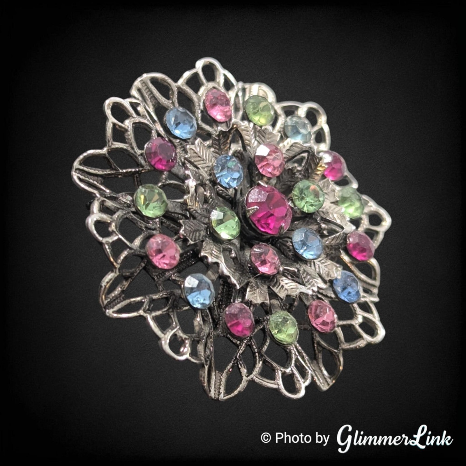 Vintage Filigree Layered Multicolor Rhinestones Floral Silver Tone Brooch