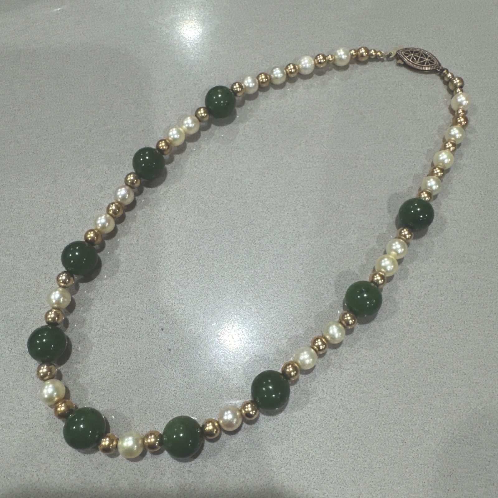 Vintage Green Jade Pearls GF Beads Sterling Filigree Gold Wash Clasp Necklace