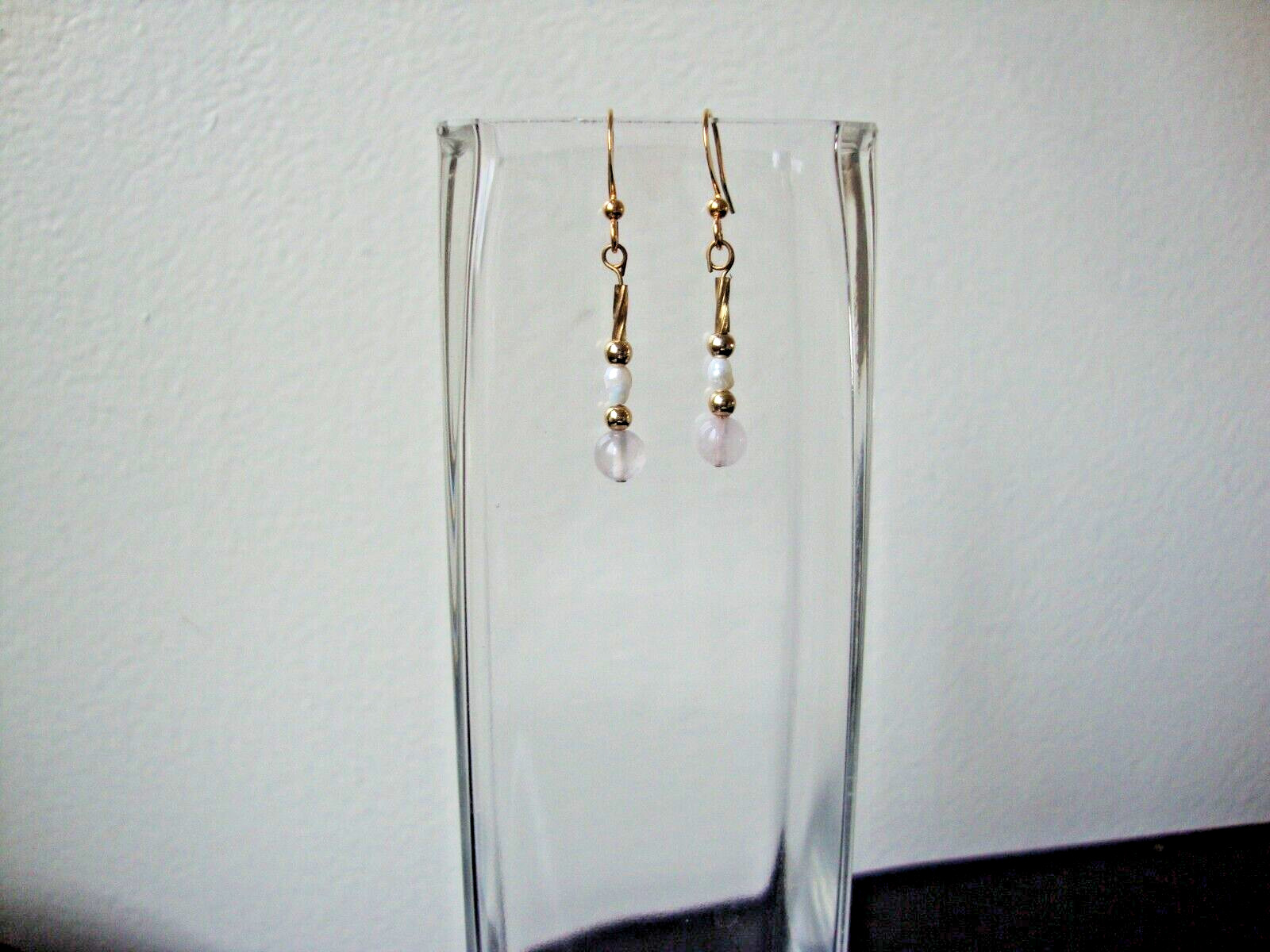 VTG HANDMADE 6MM ROSE QUARTZ RICE PEARL YELLOW GOLD PLATED DANGLE HOOK EARRINGS