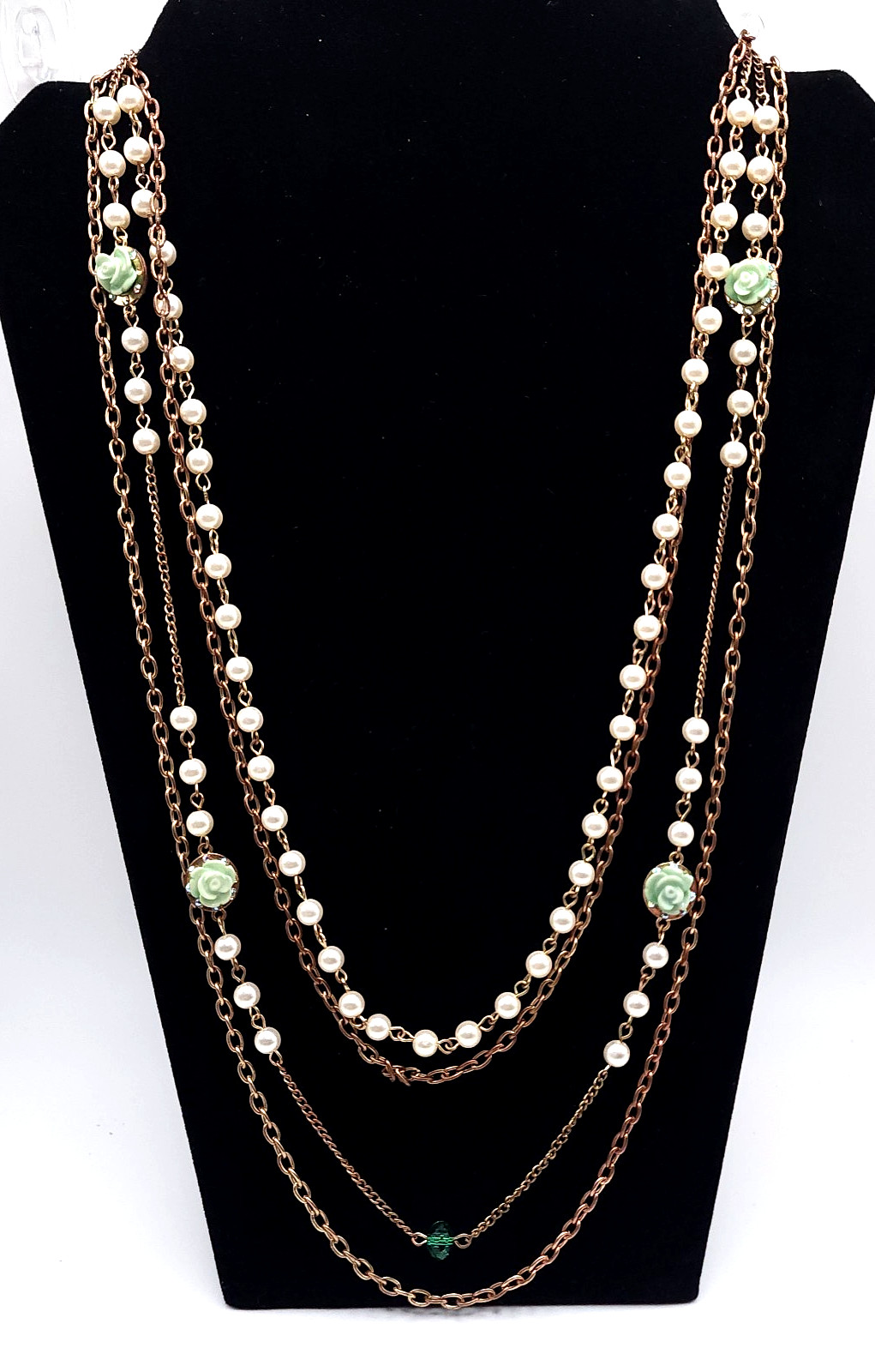 Multi Strand Pearl Necklace Rose Gold Floral Statement Necklace Vintage 25in