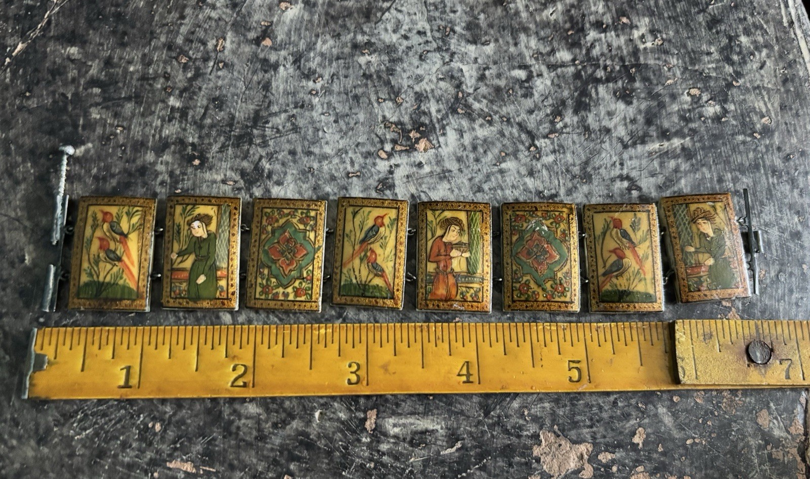 Antique Persian Hand Painted 8-Panel Story Bracelet on Bone Pin & Barrel Lock