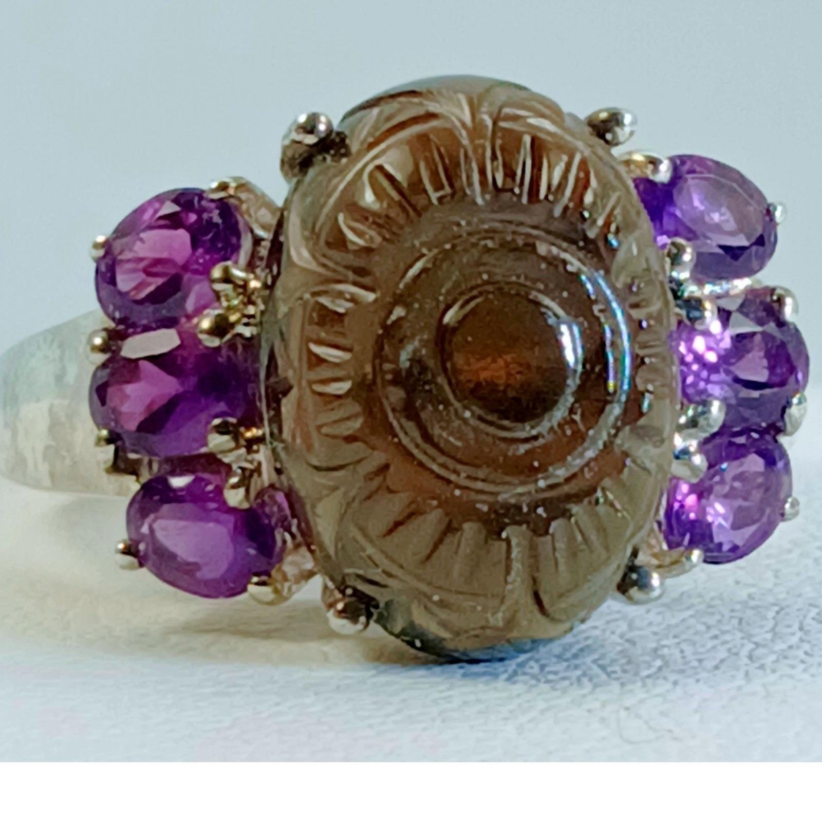 Vintage 1990s Thailand CBS 925 Sterling Silver Carved Onyx Amethyst Ring Size 8