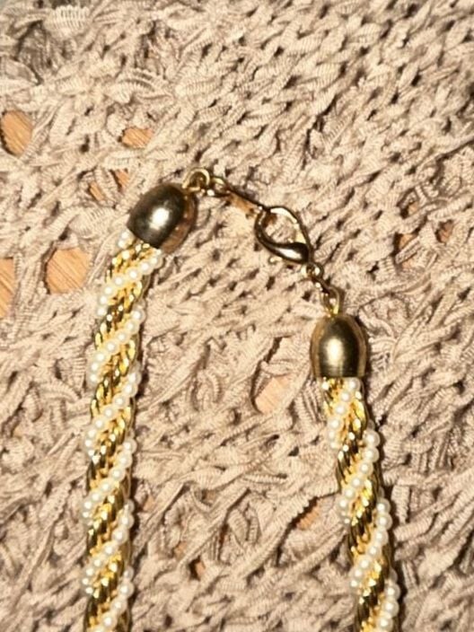 Vintage Gold Tone and Faux Pearl Twisted Rope Chain Necklace and Bracelet Set
