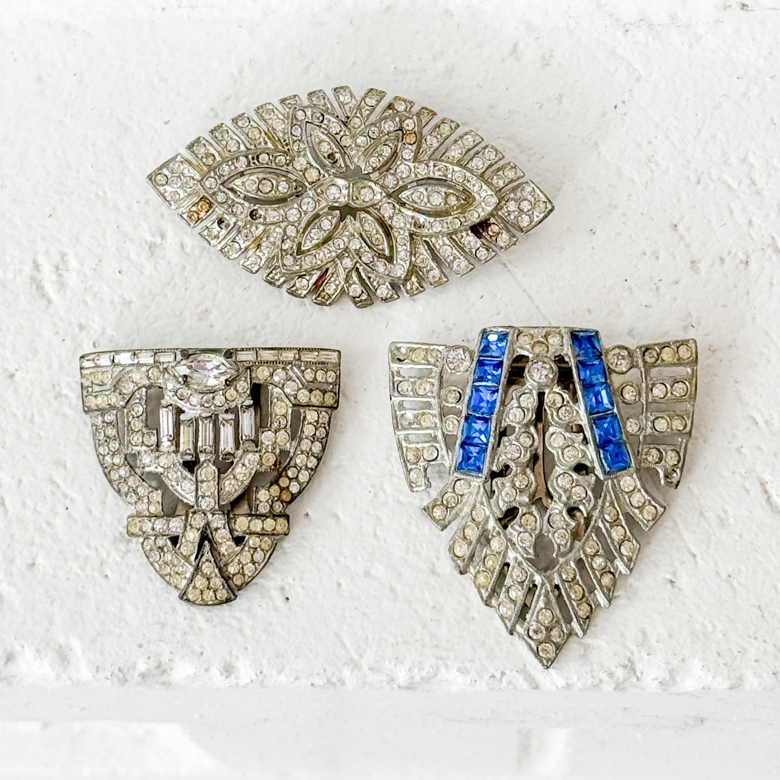 Lot 3 Antique At Deco Rhinestone Dress Clip & Brooch 1930s Estate Jewelry