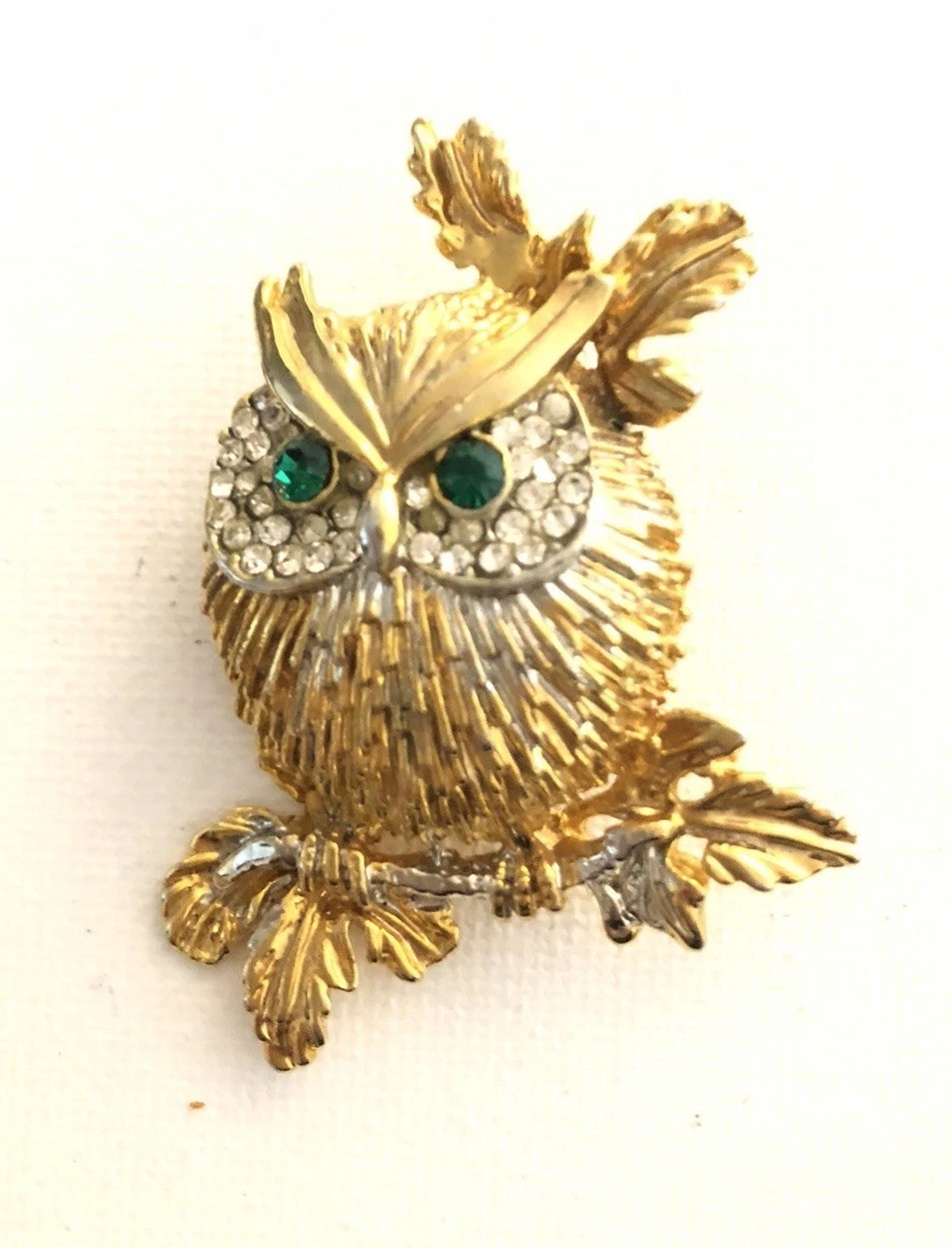 Vtg. Green & White Rhinestone Owl Brooch Pendant