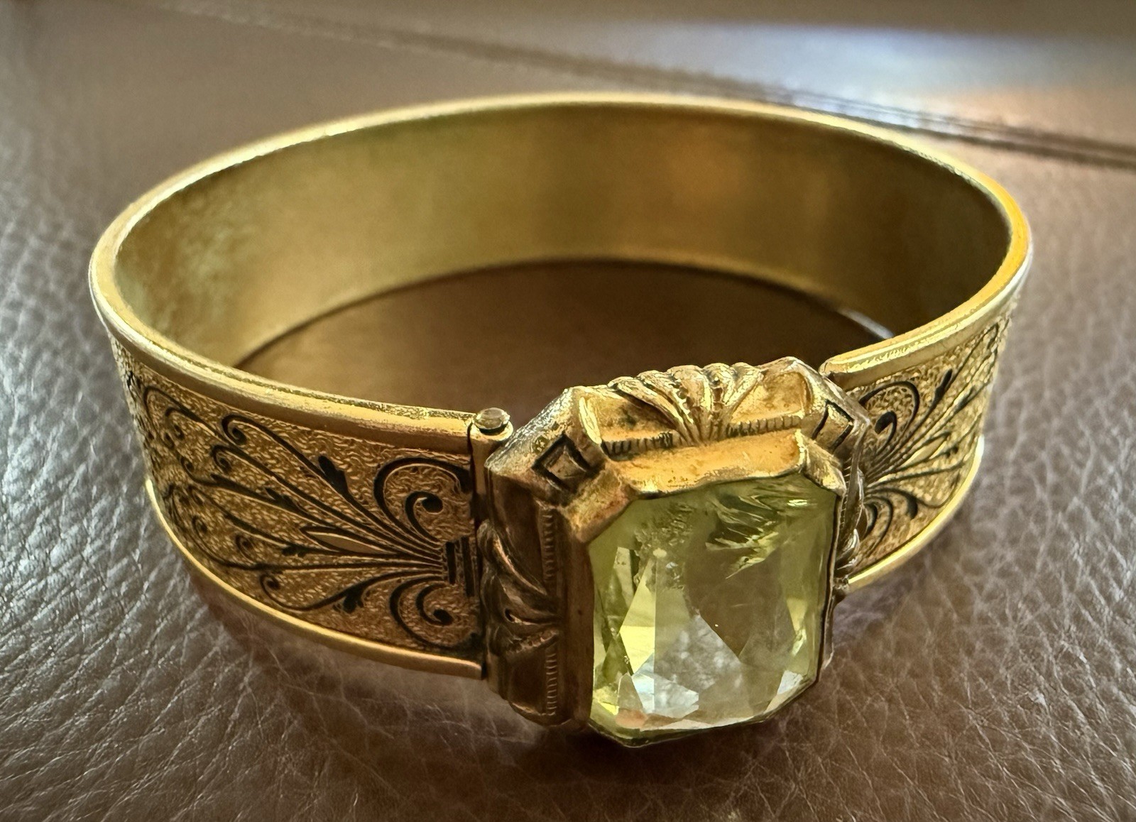 Antique Art Deco Bangle JJ White Bracelet Gold Plated Green Stone Vintage